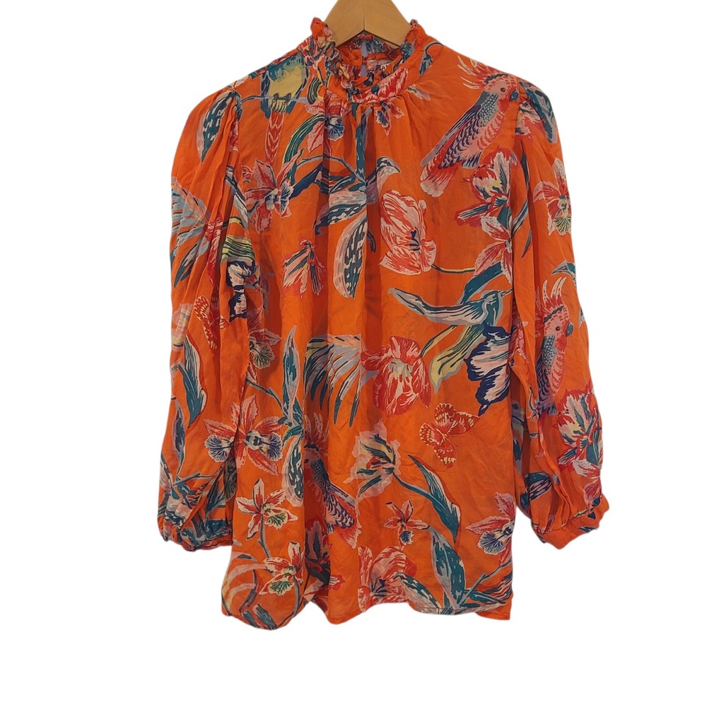 Banjanan Orange Silk Tropical Floral Bird Print Ruffle Neck Blouse Womens XS - Picture 4 of 9